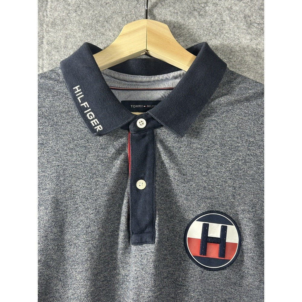 VTG Tommy Hilfiger Polo Shirt Mens XL Gray Heather Navy Y2K Rugby Big "H" Logo